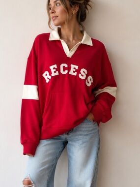 Recess Rugby Sweatshirt Red Cream Oversized Collared Pullover
